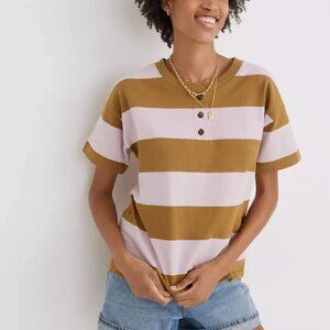 Madewell Pink and Olive Striped Parkview Henley Rugby Stripe Boxy T-Shirt XXL